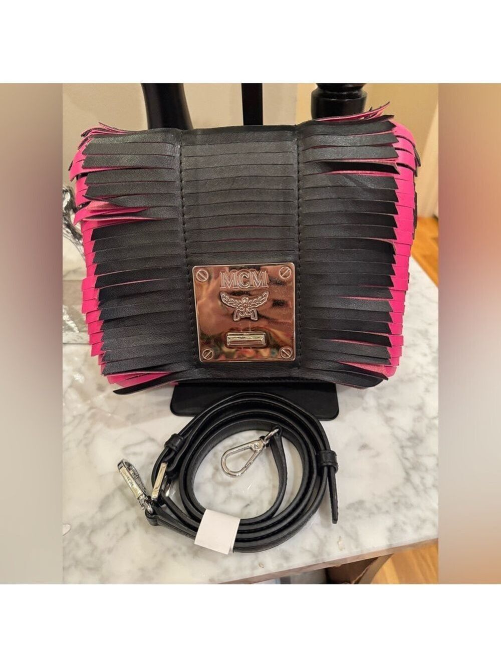 MCM Black and Pink Fringe Crossbody Bag - EUC - Made In Italy - Hard to Find